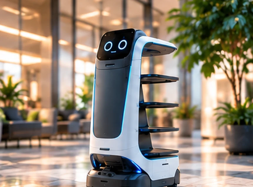Robot connecté à plateaux dans un hall lumineux